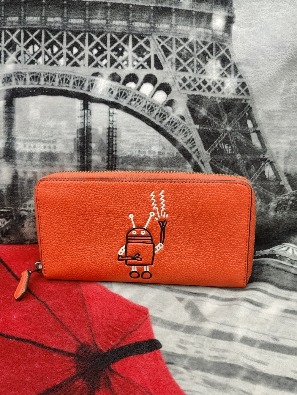 COACH X KEITH HARING COLLECTABLE ORANGE LEATHER ROBOT ZIP ACCORDION WALLET 11805 - Picture 2 of 15